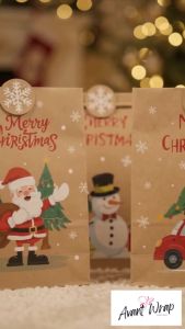 (12 PCS) XX11062 Christmas Kraft Paper Gift Bags with Stickers Santa Party Treat Bags