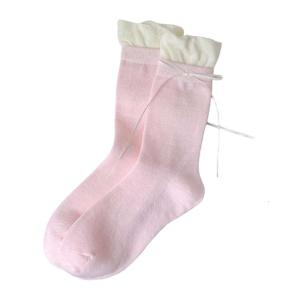 Womens Japanese Sweet Ribbon Bowknot Accent Crew Socks Elegant Students Color Block Ruffle Top Splicing Cotton Socks