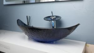 LDIES TRAYVINO Tempered Glass Hand Painted Blue Leaf Shape Waterfall Bathroom Faucet Basin Sink With Pop-up Drain Mixer Tap Set 1N8Q6