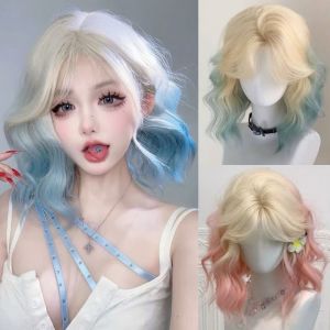 OMQAIO Simulated Scalp Ombre Pink Blue Bob Wig Halloween Cosplay Short Curly Wave Wigs Headband Wigs Breathable Synthetic Layered Wig Summer