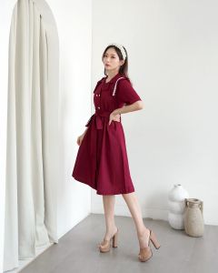 Aenor Cloth - Alice Coat A Line Dress Midi Premium Cotton Maroon Brown White Black Dress Natal Basic Vintage Korean Style Party Dress  Busui Friendly Kancing Hidup