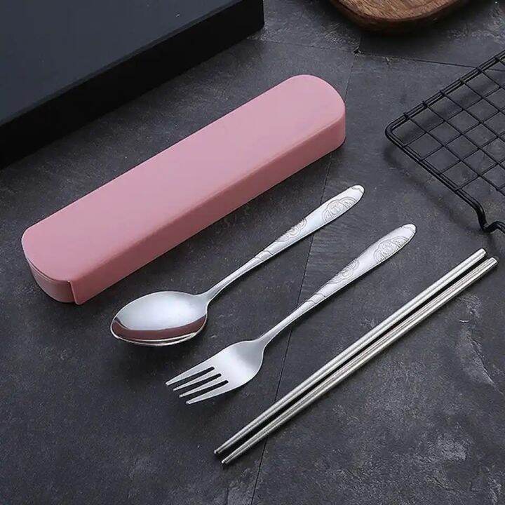 3in1 Stainless Steel Tableware Portable Chopsticks Spoon Fork Set Non 