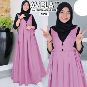 Gamis Anak Avela Set Katun Impor Modern dengan Lengan Purna dan Motif Polos untuk Usia 12-17 Tahun - Warna Alpukat/Milo/Pink
