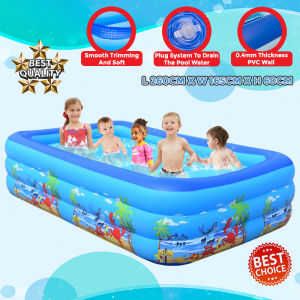 Ready Stock 3 Rings Inflatable pool Rectangular Indoor Outdoor Children Kids Swimming Pool Kolam Renang Kolam Mandi 游泳池