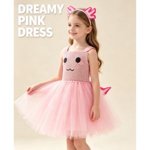 11.11 Kids Pink Cute Hexagonal Dinosaur Salamander Mesh Tutu Dress Girls Halloween Party Stage Performance Animal Fancy Dress Up Wear h2610