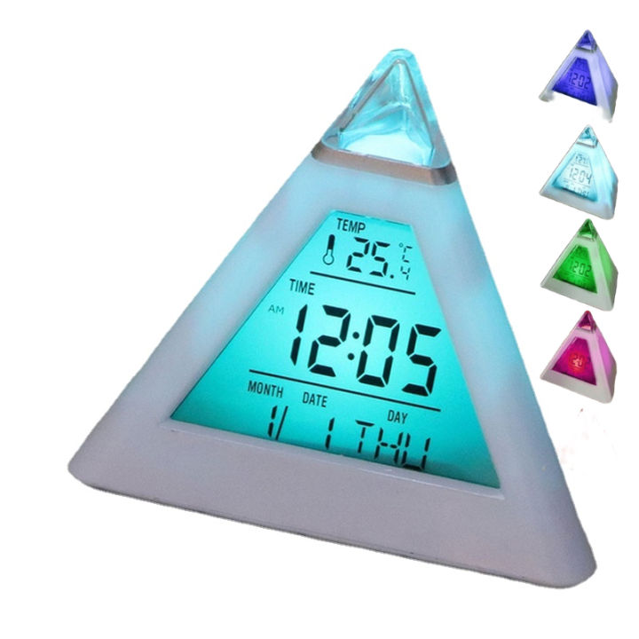Triangular Table Clock Triangle Table Clock 7 Variable Color LED Temperature Week Display ...