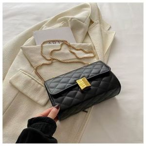 WENKEN BAGS#113 Women`s quilted shoulder crossbody bag features distinctive geometric square gold turn-lock clasp
