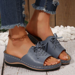 New Summer Wedge Heel Peep-Toe Slippers For Women Casual Large Size Chunky Heel Slippers With Bow Solid Color
