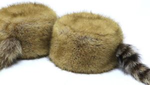Faux Leather Raccoon Tail Hat  Men and Women  Artificial Brown Leather Hat with Tail Flat Top Winter Hat   Raccoon Tail