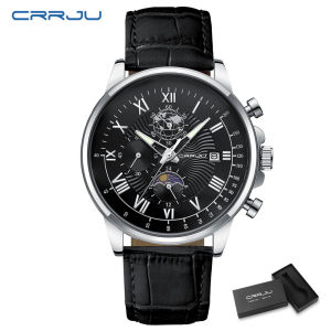 CRRJU Pria Jam Tangan Anti Air Fashion Kasual Kuarsa Jam Tangan Sporty Chronograph Kulit 2318