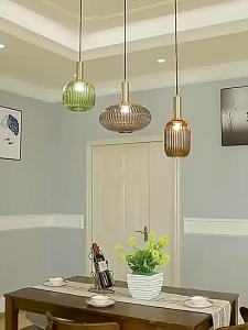 SXH Nordic Creative Bar Restaurant Pendant Light Unique Simple Striped Lantern Pendant Light Single Head Lacquered Green Glass Pendant Light