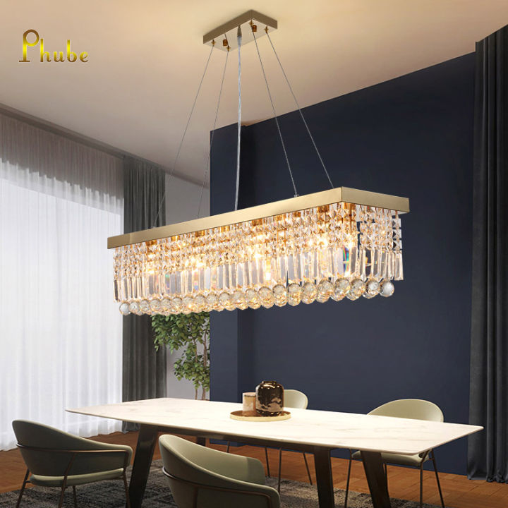 Rectangular Crystal Chandelier 6-Light Modern Gold Crystal Pendant Ceiling  Light 3-Way Dimmable K9 Crystal Chandelier Light Fixture for Dining Room
