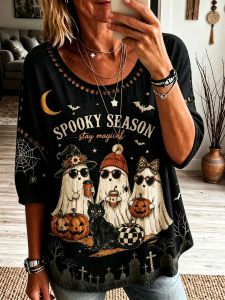 2026 New style Halloween ghost pumpkin print womens clothing T Oversized round-neck casual top