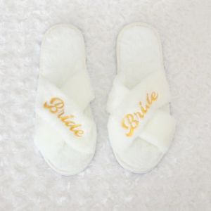 Bride Plush Embroidered Rabbit Fur Cross Slippers Villa Anti Slip Thickened Wedding Party Slippers