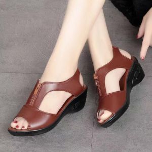 [Free Shipping] Roman-Style Sandals With Open Toe Zipper Breathable Wedge Heel WomenS Shoes