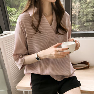 Striped shirt for womens summer wear new Korean version loose and slimming seven quarter sleeved top versatile casual shirt trendy womens T-shirt