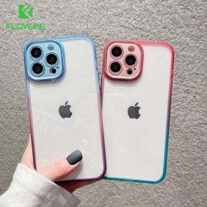 [With Glitter Lens Film] FLOVEME Matte Glitter Lens Camera Protection Phone Case For iPhone 13 12 Pro Max iphone 13 12 Gradient Colorful Frame Clear Acrylic Back Cover