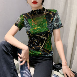 REHIN New stylish half-high collar unique green pattern mesh printed short sleeve T-shirt slim-fit base shirt womens top