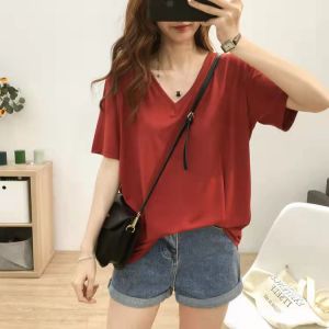 เสื้อยืดผู้หญิงคอวี7สี (40-150กก.) เสื้อยืดขนาดพิเศษหลวมสีทึบคอวีฤดูร้อนแขนสั้นสำหรับผู้หญิง