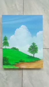 Hiasan Dinding Dekorasi Ruang Tamu Lukisan Pemandangan Bukit Pohon Aesthetic Bahan Kanvas Ukuran 30x40cm