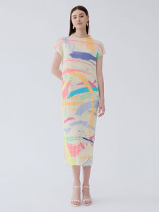 6325 One Size (45-75kg) Miyake Summer Half High Neck Peplum Pleated Slim Short Sleeve Midi Long Printed Dress Women