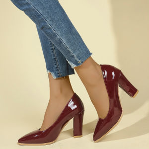 [Free Shipping] WomenS New Autumn Collection: Korean-Style Pointed-Toe Shallow-Cut Slip-On Heels Featuring A Chunky Heel And Mid-Heel Design