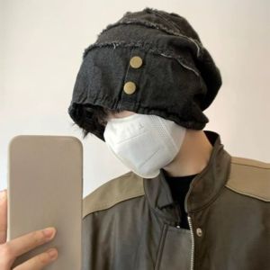 YISHA JEWELRY Vintage Distress Denim Pullover Cap Korean Style Button Washed Denim Beanie Fashion Hip Hop Loose Beret