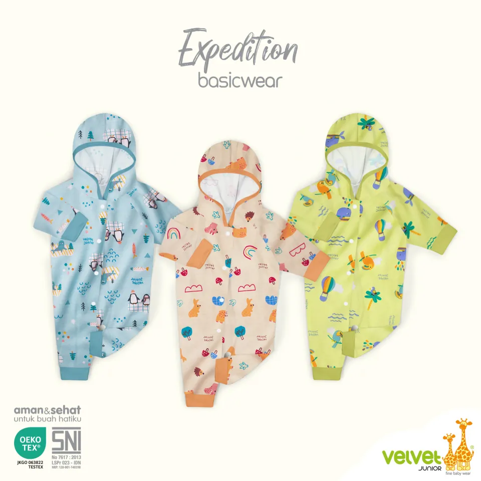 Velvet Junior Jumper Bayi Sleepsuit Topi Buka Kaki BasicWear