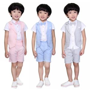 LOlanta Boys 4pcs Plaid Cotton Vest Set Toddler Causal Wear Shirt Vest with Bowtie Kids Short Gentlemen Suits Outfits Set Boys Shirt Formal Wear Set Wedding Birthday Tuxedo