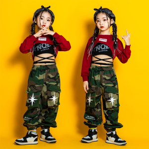 LOlanta Children Girl Costume Kids Hip-hop Jazz Dance Clothes Festival Performance Stage Clothing Red White Long Sleeve Top Vest Pants Set Casual Wear
