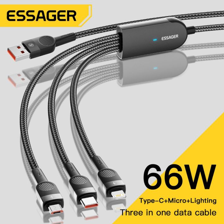 3-in-1 LED Fast Charging Cable For IPhone, Micro USB & Type C - Glowing Multi-Device Charger