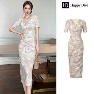 Happy Diva เดรสผู้หญิง เดรสสีครีม เดรสคอวี เดรสทำงาน เดรสไฮโซ เดรสวินเทจ เดรสออกงาน เดรสปาร์ตี้ ชุดราตรี 21324