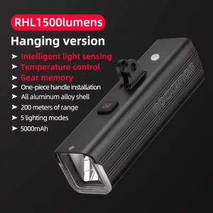 2026 ROCKBROS Bike Light 1500LM/1000LM Aluminum Alloy Type-C Charging Smart Front Lights Hanging Version LED Lamp Cycling Headlights