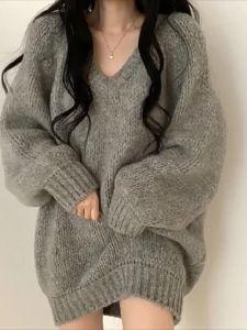 【Ship in 24H】150kg Mid-Length Knitwear v-Neck Lazy Lower Body Missing Outer Wear Plus Size Pullover Knitted Sweater Women