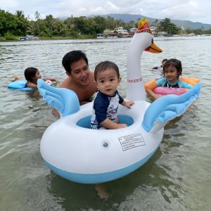 Parent-child double swimming ring baby sun protection sitting ring salbabida floater kids sunshade lifebuoy Inflatable water toys