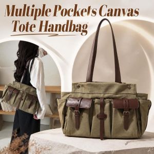 OWINGSHOP89OP5 Large Capacity Canvas Tote Handbag Durable Multi Pocket Vintage Crossbody Satchel Fashion Lightweight Utility Shoulder Bag Women Commuting