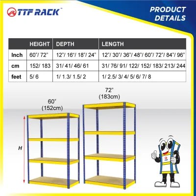 TTF Rack™ Boltless Rack H152-183cm/Rack 4 Level Heavy Duty Rack Office Storage Rack Metal Storage Rack