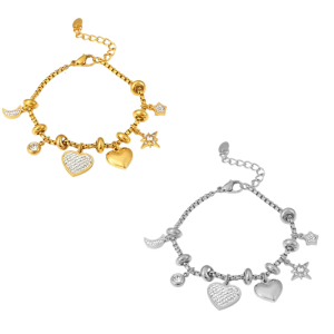 Sturdy Stainless Steel Heart Charm Bracelet for Women 18k Gold Plated with Stylish Zircon and Various Pendants