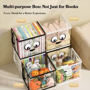 OWMXZL ด้วยใบหน้าที่มีความสุข กล่องเก็บของสี่เหลี่ยม พร้อมฝาปิด ความจุขนาดใหญ่ ภาชนะอเนกประสงค์ แบบพกพา ป้องกันน้ำ กล่องหนังสือพับได้ หนังสือ