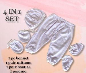 BAGSAK PRESYO Baby 4 in 1 set cotton ASSORTED RANDOM DESIGN for newborn 0-5 months bonnet mittens booties with pajama