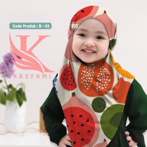 Kerudung Jilbab Bergo Anak Karakter Geblus tali malay Full Print Usia 4-10 tahun Khimar Instan Bahan Jersey Premium Motif Fruits Buah-buahan Lucu