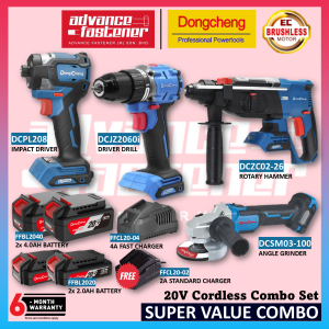 DONG CHENG 20V Brushless Combo ( DCZC02-26 20V Brushless Rotary Hammer 26mm / DCJZ2060i 20V Brushless Hammer Drill 13MM / DCPL208 20V Brushless Impact Driver / DCSM03-100 20V Brushless Angle Grinder 100MM 4" )