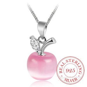 Elegant 925 Sterling Silver Opal/Pink & White Moonstone Apple Pendant Necklace | New Adjustable Chain Birthstone Charm Jewelry for Women