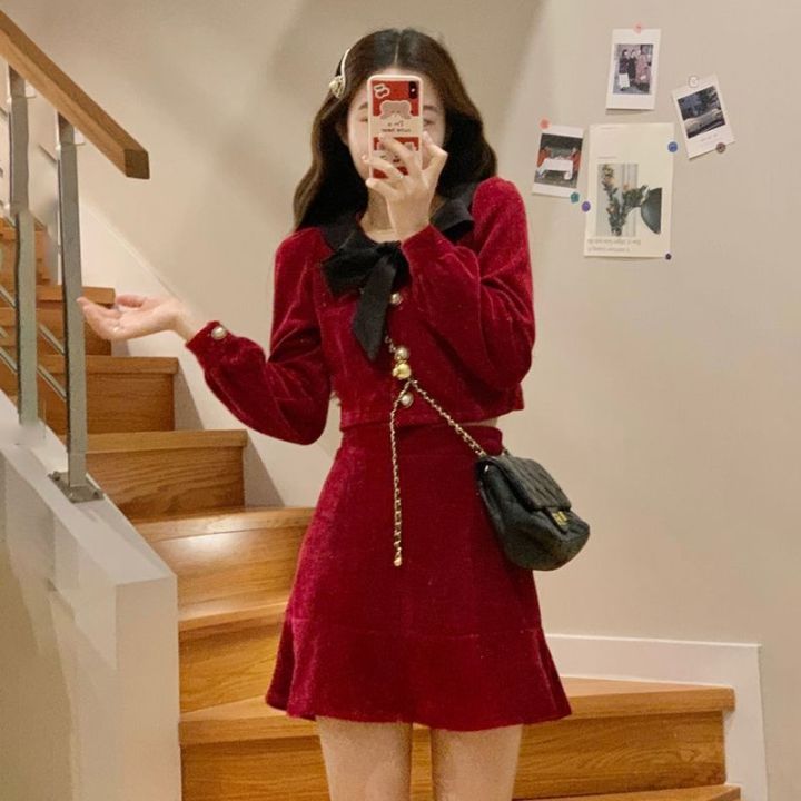 Women's Skirt Suit 2022 Red Fashion Suit New Velvet Coat Christmas New Year  Skirt Two-piece Set Lazada PH