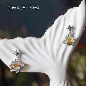 [Studs & Such] 925 Silver Beautiful Planet Stars Dangling Stud Earrings With Natural Moonstone