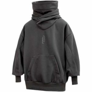 【M-3XL】Japanese Harajuku Style Oversized Big Neck Hoodie For Men Hip Hop Lelaki Pullover Embroidery Sweater Mens Korean High-Neck Long-Sleeve Hooded Big Pocket Tide Brand Drop Shoulder Loose Hooded Top Mens