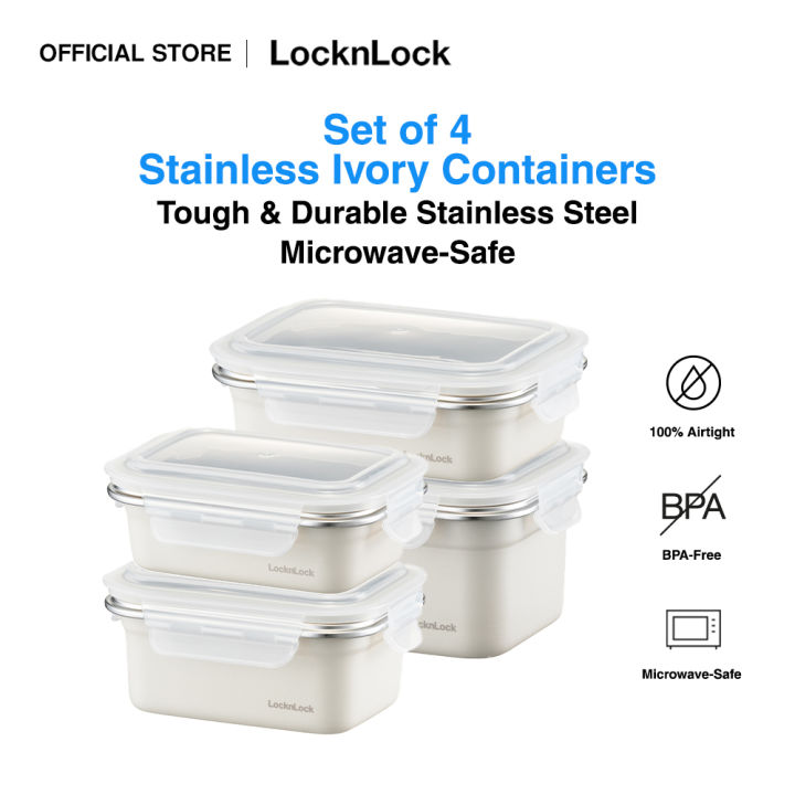 LocknLock New Set of 4 Stainless Ivory Container MicrowaveSafe