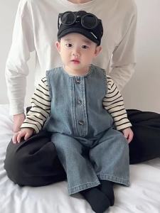 2025 Spring baby 0-3 Striped tops for boys and girls + Denim vest and long jumpsuit two-piece set