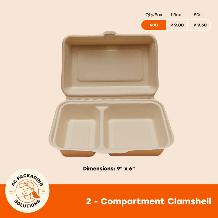 (50 pcs) 2 Compartment Clamshell Sugarcane Bagasse | Lazada PH