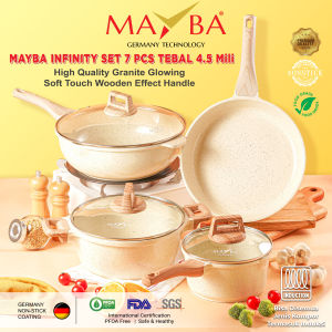 Ceramic Set Infinity Mayba 7 pcs granite marble German / Panci Casserole  Milk pan  Wok Fry pan + Tutup Kaca Anti lengket